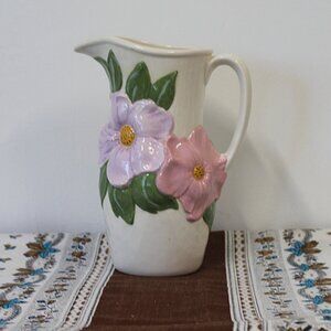 VTG  Holland Mold 8 1/2" Glossy Pitcher Raised Flowers Pink yellow purple RARE